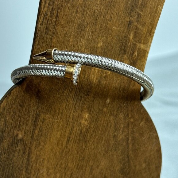 Nail Head Bangle Cuff Bracelet Mesh Stainless Steel Pave Crystals Gold Tone - Picture 2 of 8